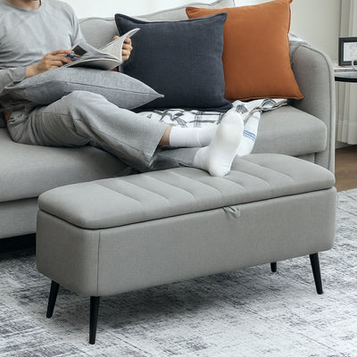HOMCOM 92 x 31cm Linen-Look Storage Ottoman - Light Grey 