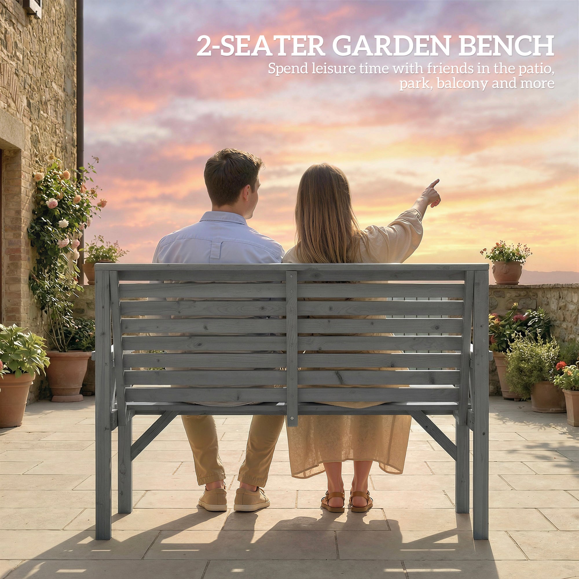 Outsunny 2 Seater Wooden Garden Bench, Slatted Patio Bench with Armrest and Backrest, Outdoor Furniture for Indoor, Balcony 
