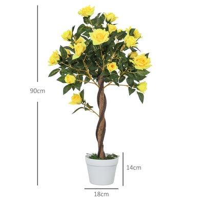 Outsunny Set of 2 Artificial Plants White Rose Floral in Pot, Fake Plants for Home Indoor Outdoor Decor, 90cm, Yellow 