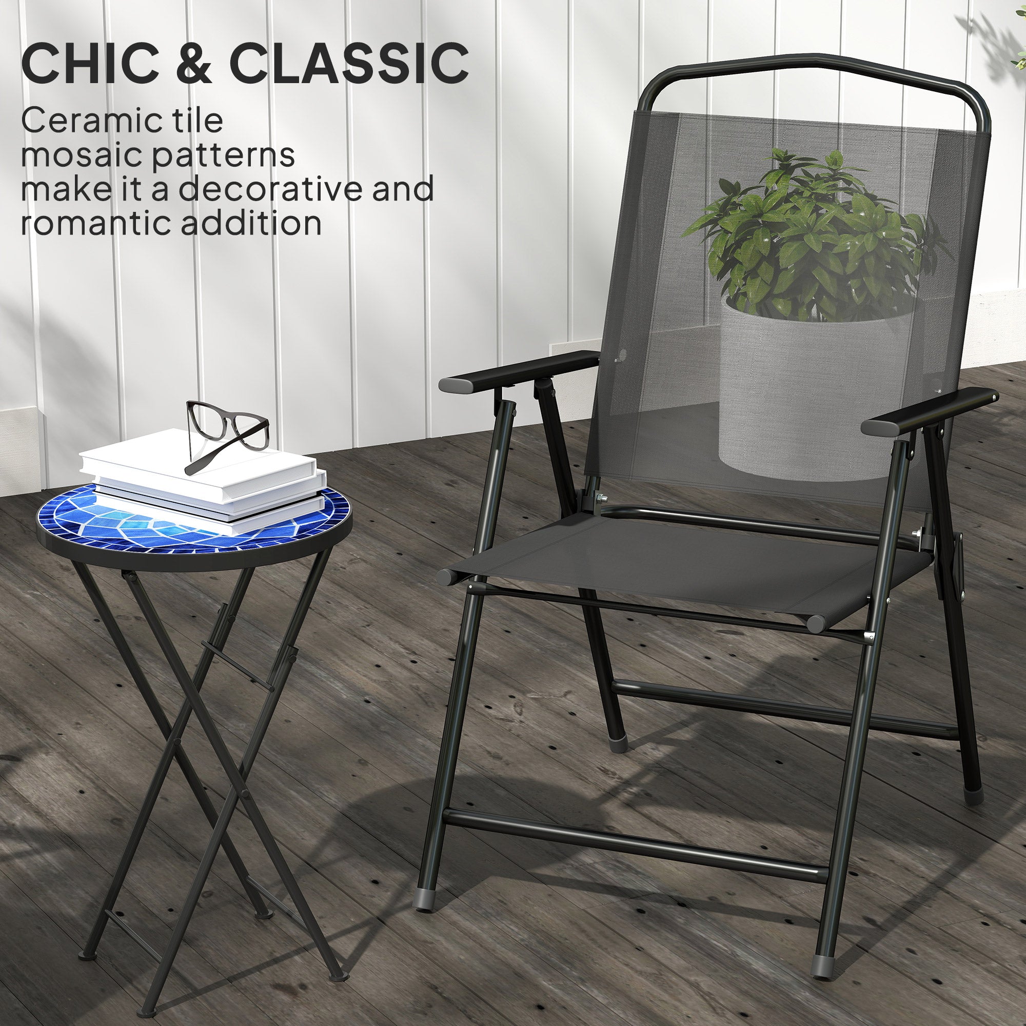 Outsunny Mosaic Outdoor Garden Table, 35.5cm Round Folding Coffee Table with Metal Frame for Balcony Terrace, Navy Blue 