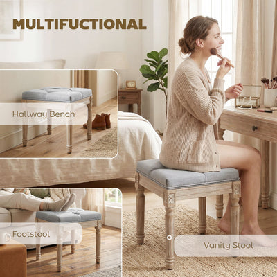 HOMCOM Vintage Foot Stool, Tufted Square Footrest with Wood Legs, Light Grey 