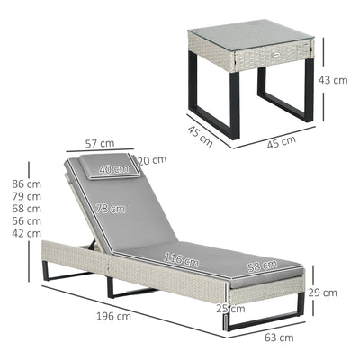 Outsunny 3-piece PE Rattan Sun Lounger Set with Adjustable 5-Position Recliner, Patio Chaise Lounge Chair Set with Cushions, Headrests, Glass Top Square Coffee Table, Light Grey 
