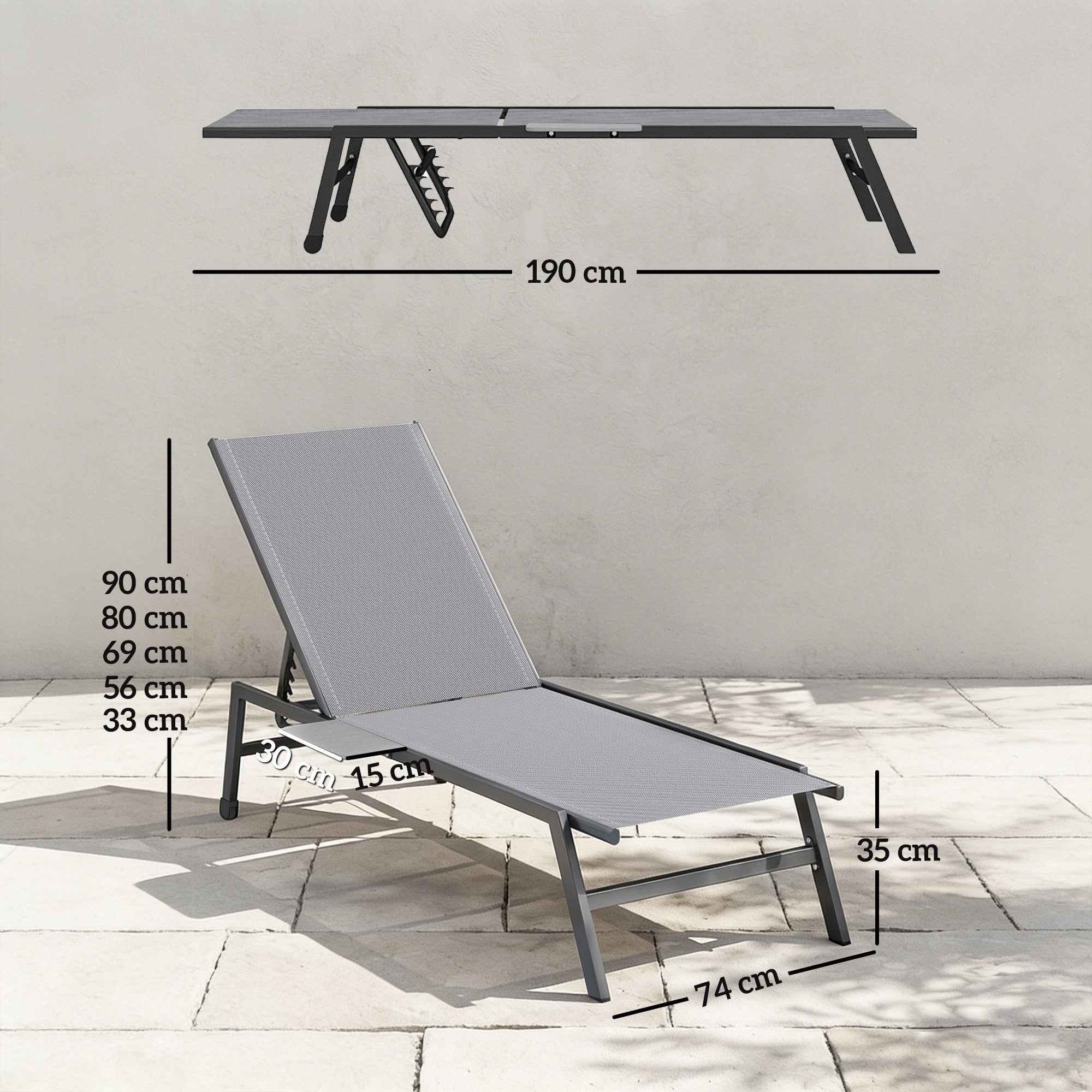 Outsunny Sun Loungers Set of 2 with Side Tray Table, Garden Recliners with 5-Position Adjustable Backrest, 2 Wheels, Grey 