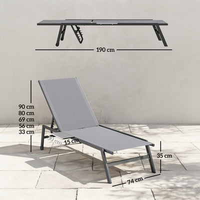 Outsunny Sun Loungers Set of 2 with Side Tray Table, Garden Recliners with 5-Position Adjustable Backrest, 2 Wheels, Grey 