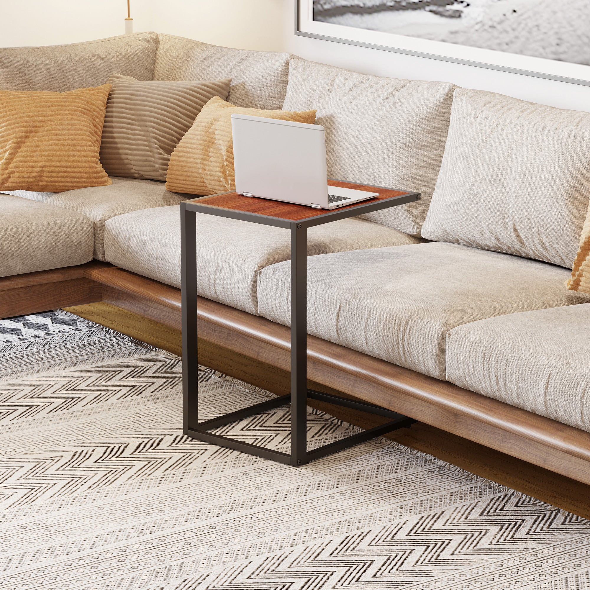HOMCOM C-Shaped Side Table, Sofa End Table with Metal Frame, Accent Couch Table for Living room, Bedroom, Walnut and Black 