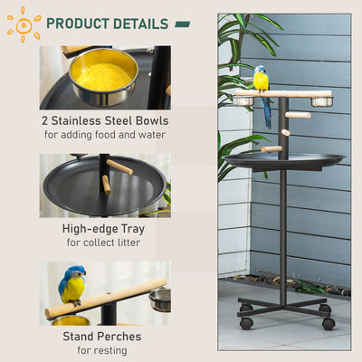 PawHut Metal Bird Table Play Stand, Bird Feeder Station Parrot Perch with Four Wheels Feeding Bowls Round Tray 