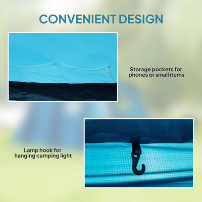Outsunny Inflatable 3-4 Man Tunnel Tent w/ Air Pump, Living Area & Vestibule, Waterproof Family Camping Air Tent w/ Sewn In Groundsheet & Removable Footprint for Camping, Hiking, Blue 