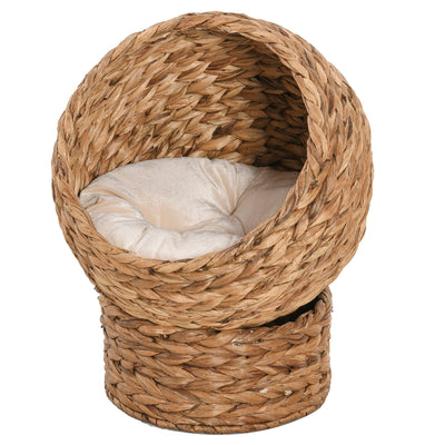 PawHut Wicker Cat Bed, Raised Rattan Cat Basket with Cylindrical Base, Soft Washable Cushion, 42 x 33 x 52cm - Brown 