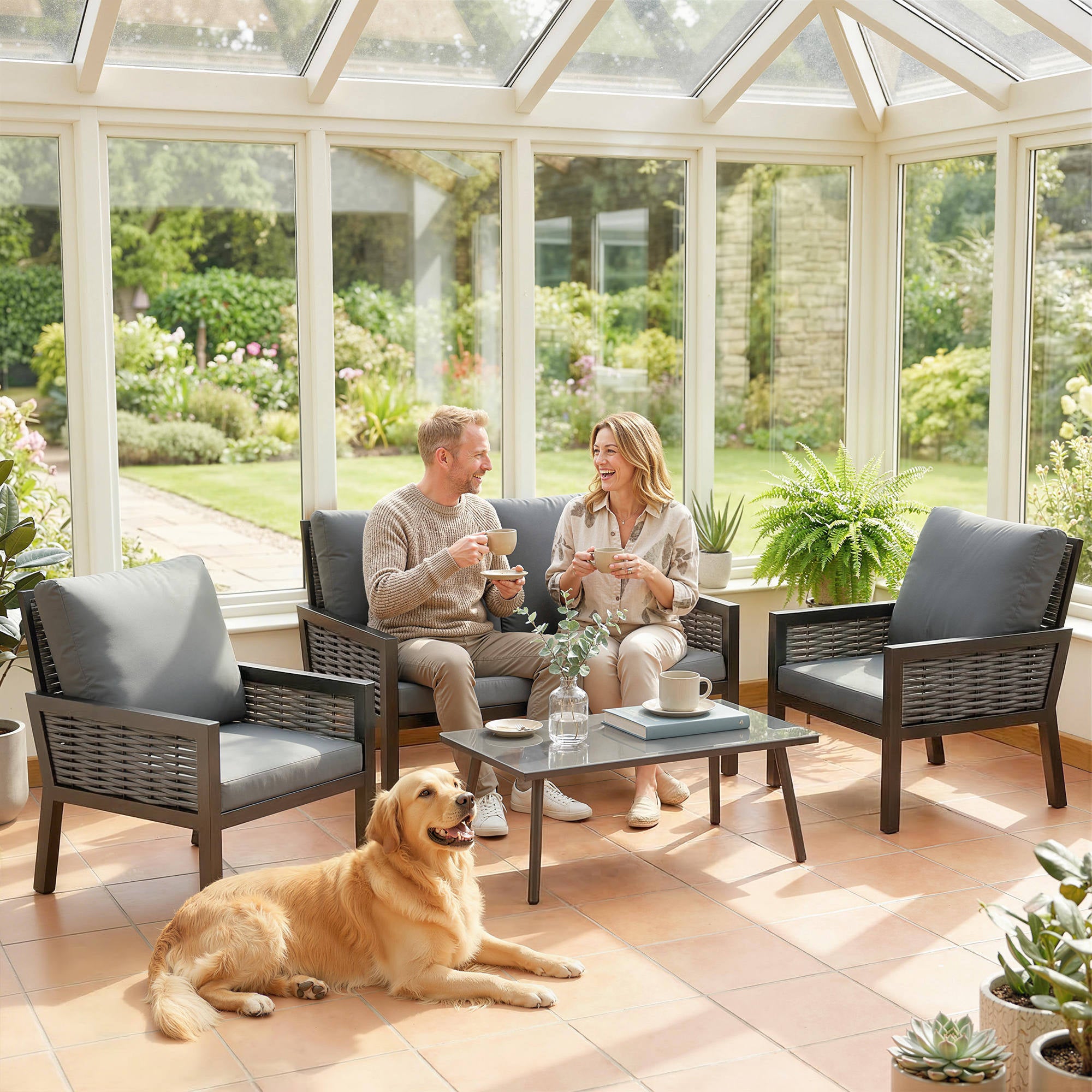 Outsunny 4 Seater Rattan Garden Furniture Set with 2 Armchairs, Loveseat, Coffee Table, Garden Sofa Set with Cushions, Dark Grey 