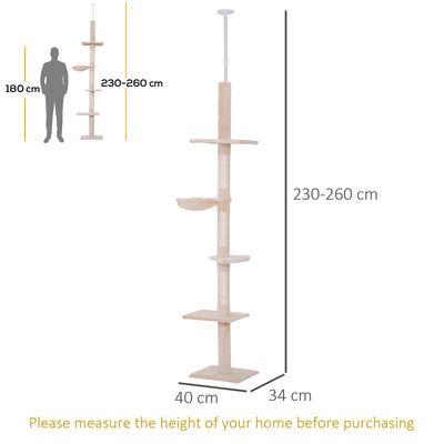 PawHut Floor to Ceiling Cat Tree for Indoor Cats 5-Tier Kitty Tower Climbing Activity Center Scratching Post Adjustable Height 230-260 cm Beige 
