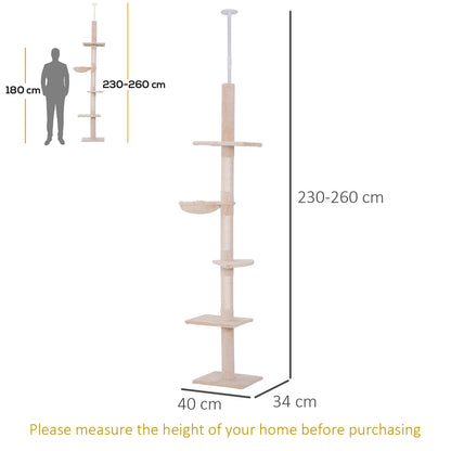 PawHut Floor to Ceiling Cat Tree for Indoor Cats 5-Tier Kitty Tower Climbing Activity Center Scratching Post Adjustable Height 230-260 cm Beige 