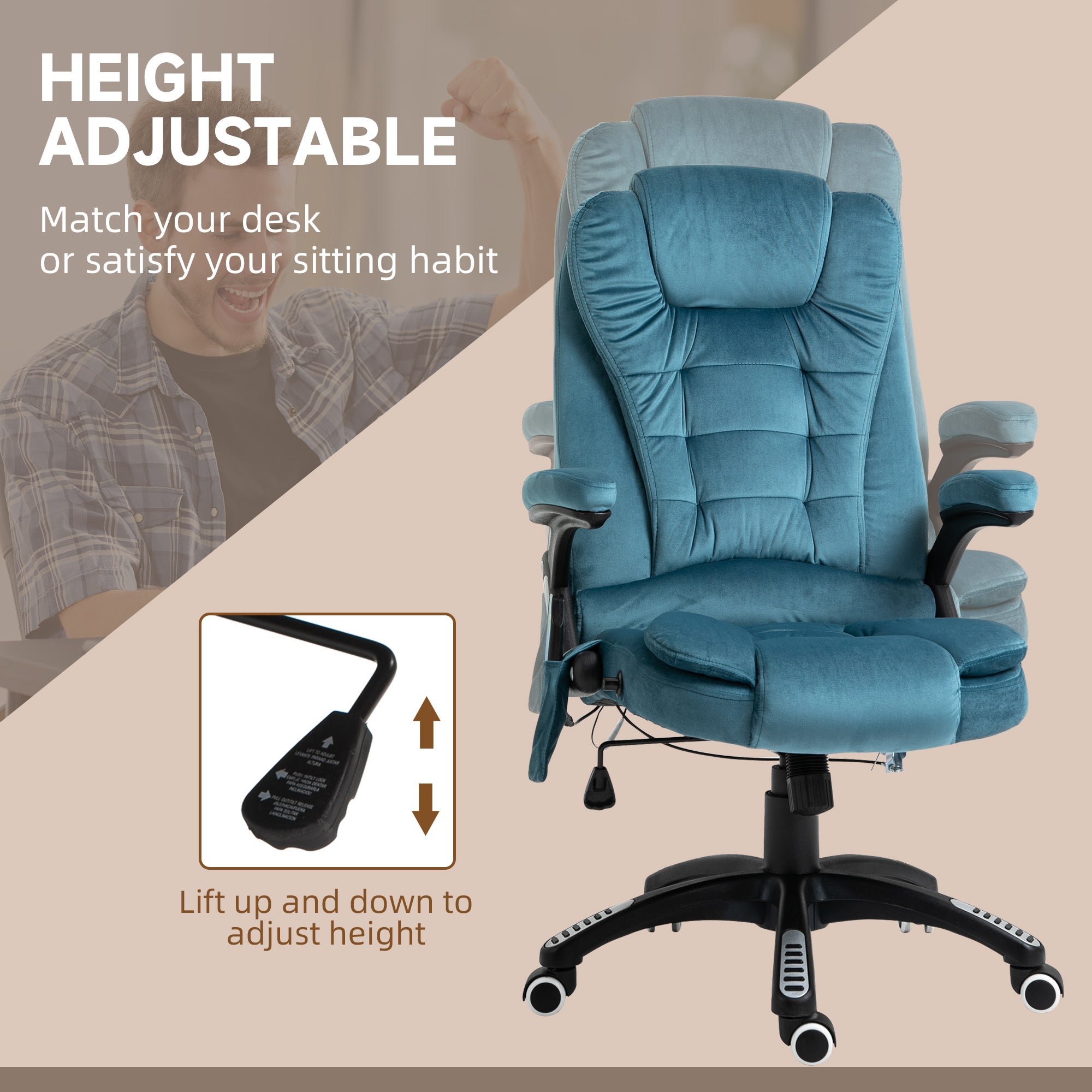Vinsetto Massage Recliner Chair Heated Office Chair with Six Massage Points Velvet-Feel Fabric 360\'c2\'b0 Swivel Wheels Blue