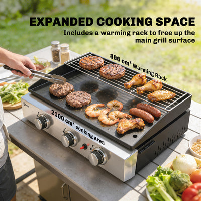 Outsunny 3 Burner Grill Griddle, Portable Gas Plancha with Warming Rack, 7.5 kW, Tabletop Gas BBQ with Grease Cup, Black 