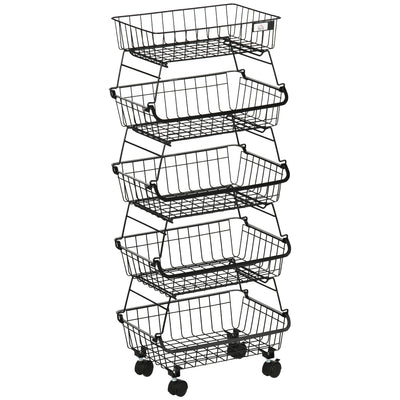 HOMCOM 5 Tier Storage Trolley, Stackable Fruit Vegetable Cart for Kitchen, Living Room, 40 x 2 x 97 cm, Black 