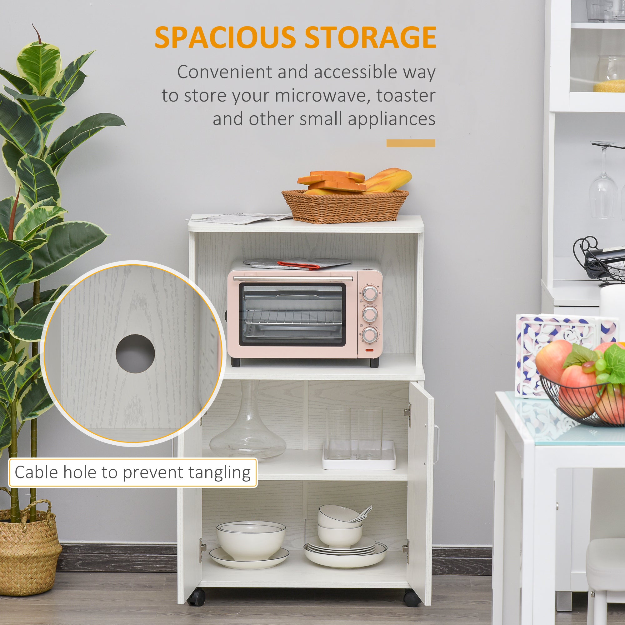 HOMCOM Kitchen Storage Unit, Modern Microwave Stand Trolley Cart, Sideboard with Cabinet,  Locking Wheels, Shelf for Living Room, Dining Room, White 