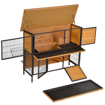 PawHut Rabbit Hutch Outdoor Guinea Pig Hutch Bunny Cage Metal Frame with  No-Leak Tray Openable Roof Light Yellow 122 x 50 x 101cm 