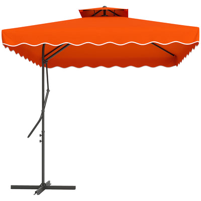 Outsunny 2.5m Cantilever Parasol with Easy Lever, Square Double Top Garden Parasol Umbrella with Ruffles and Cross Base, Overhanging Outdoor Sun Shades, Orange 