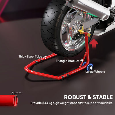 HOMCOM Motorcycle Rear Wheel Stand, 544 kg Capacity Heavy Duty Steel Motorbike Motorcycle Paddock Stand Lift with Adjustable U + L Forks, Wheels, Non-Slip Pads for Workshop Garage Repair, Red 