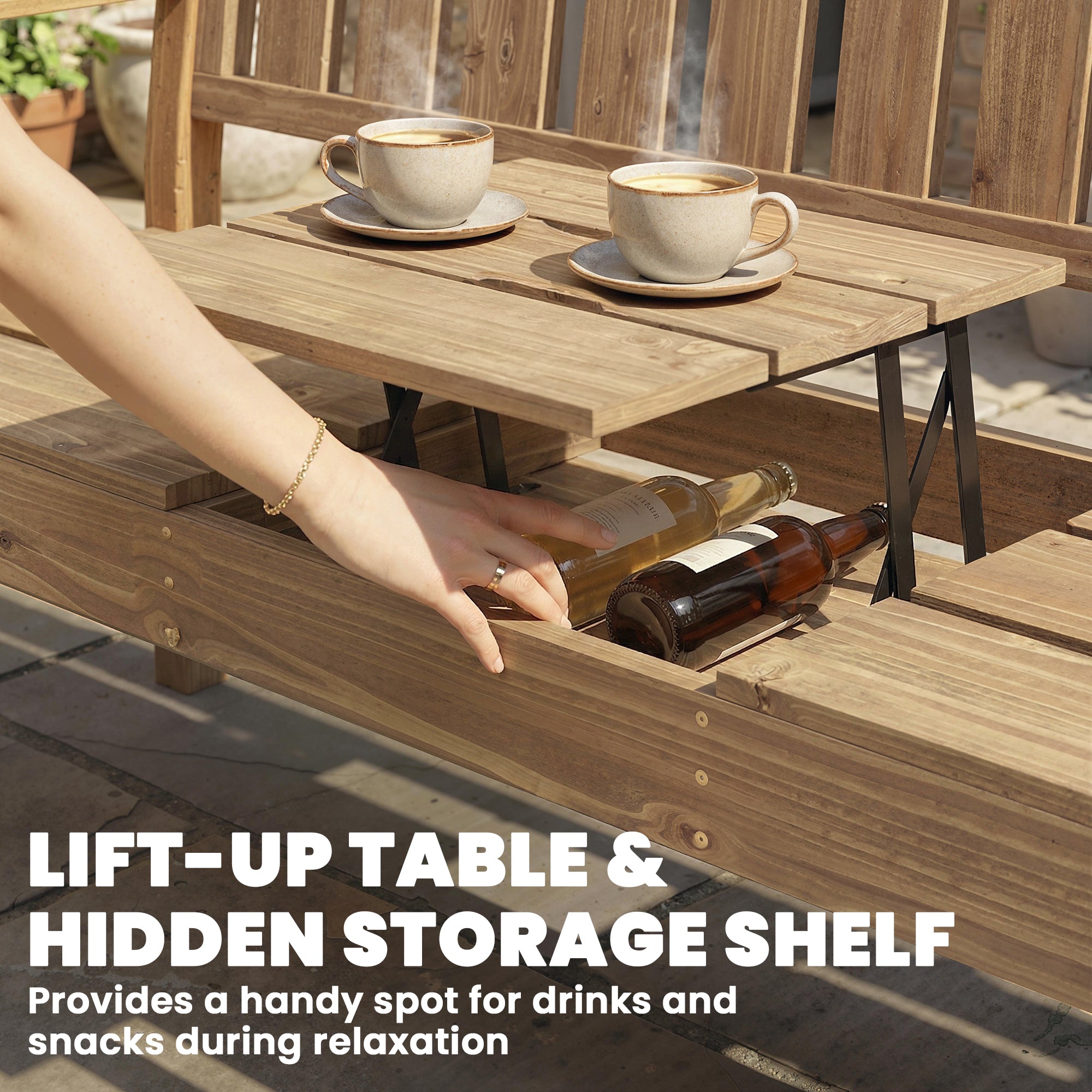 Outsunny Wooden Garden Bench with Liftable Table & Shelf, 2-3-Seater Outdoor Loveseat with Fir Wood Frame, Teak 
