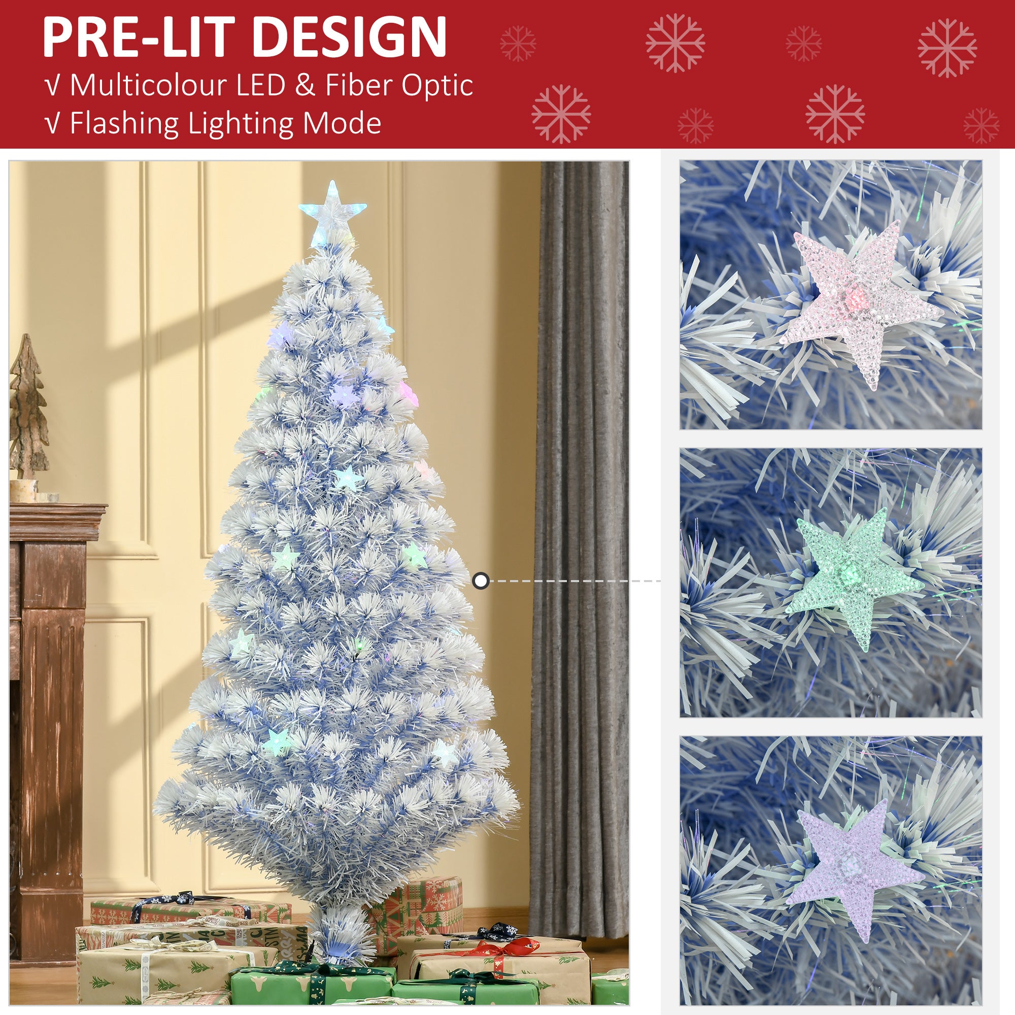 HOMCOM 5FT Artificial Fibre Optic Christmas Tree Seasonal Decoration w/ LED Lights Pre-Lit Easy Store White Blue 