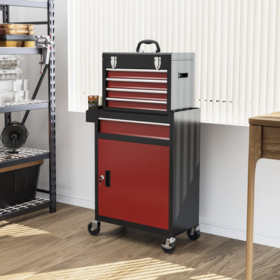 HOMCOM Two-Part Tool Storage Chest on Wheels - Black/Red 