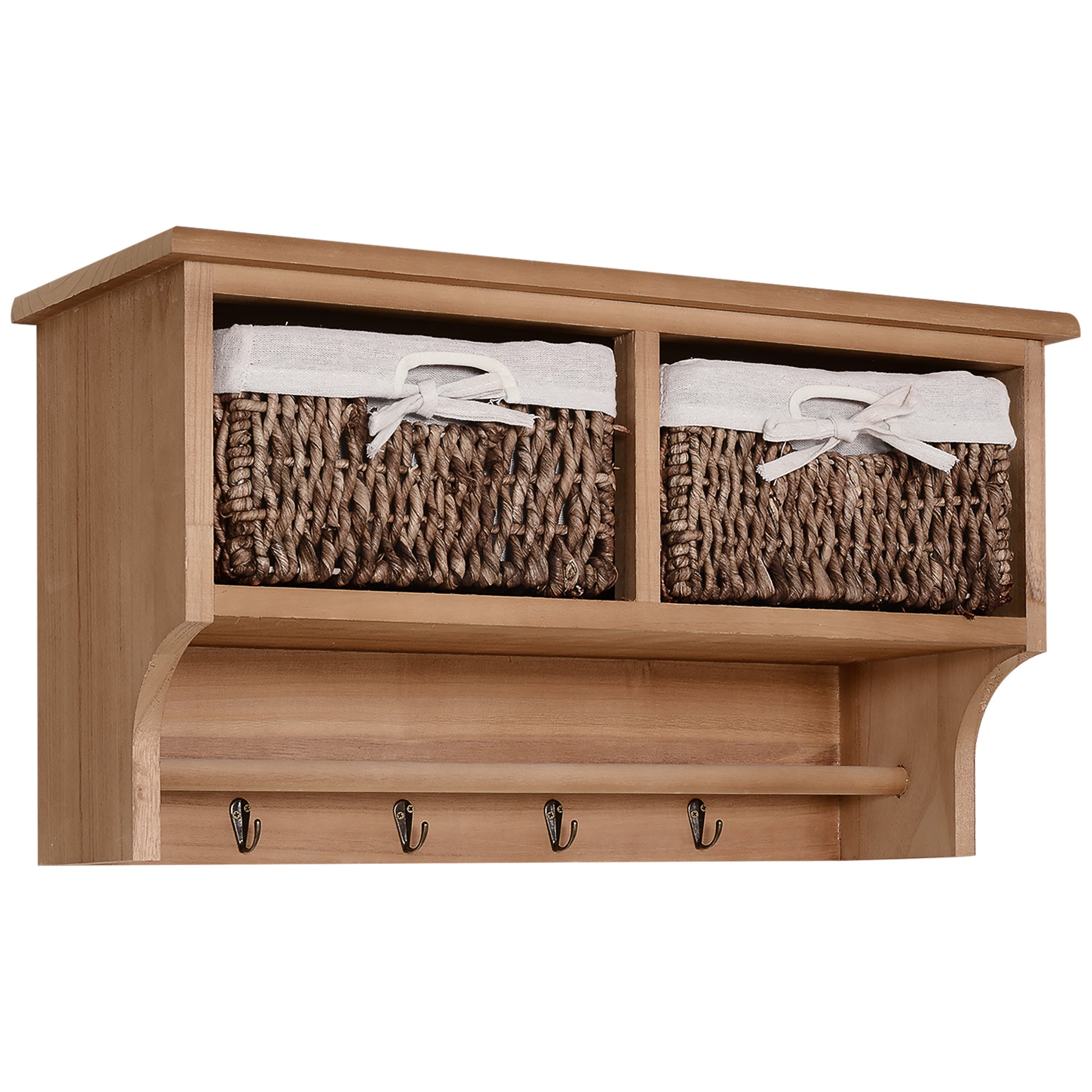 HOMCOM Entryway Coat Rack Wall Mounted Shelf w/ 2 Corn Husk Baskets and Hooks, Brown 