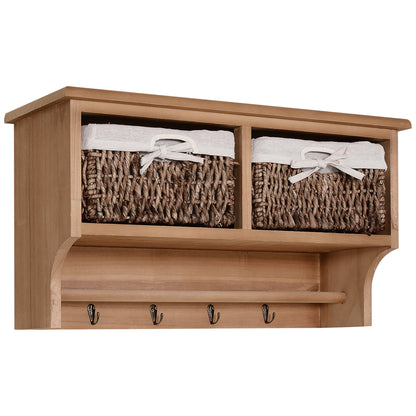 HOMCOM Entryway Coat Rack Wall Mounted Shelf w/ 2 Corn Husk Baskets and Hooks, Brown 
