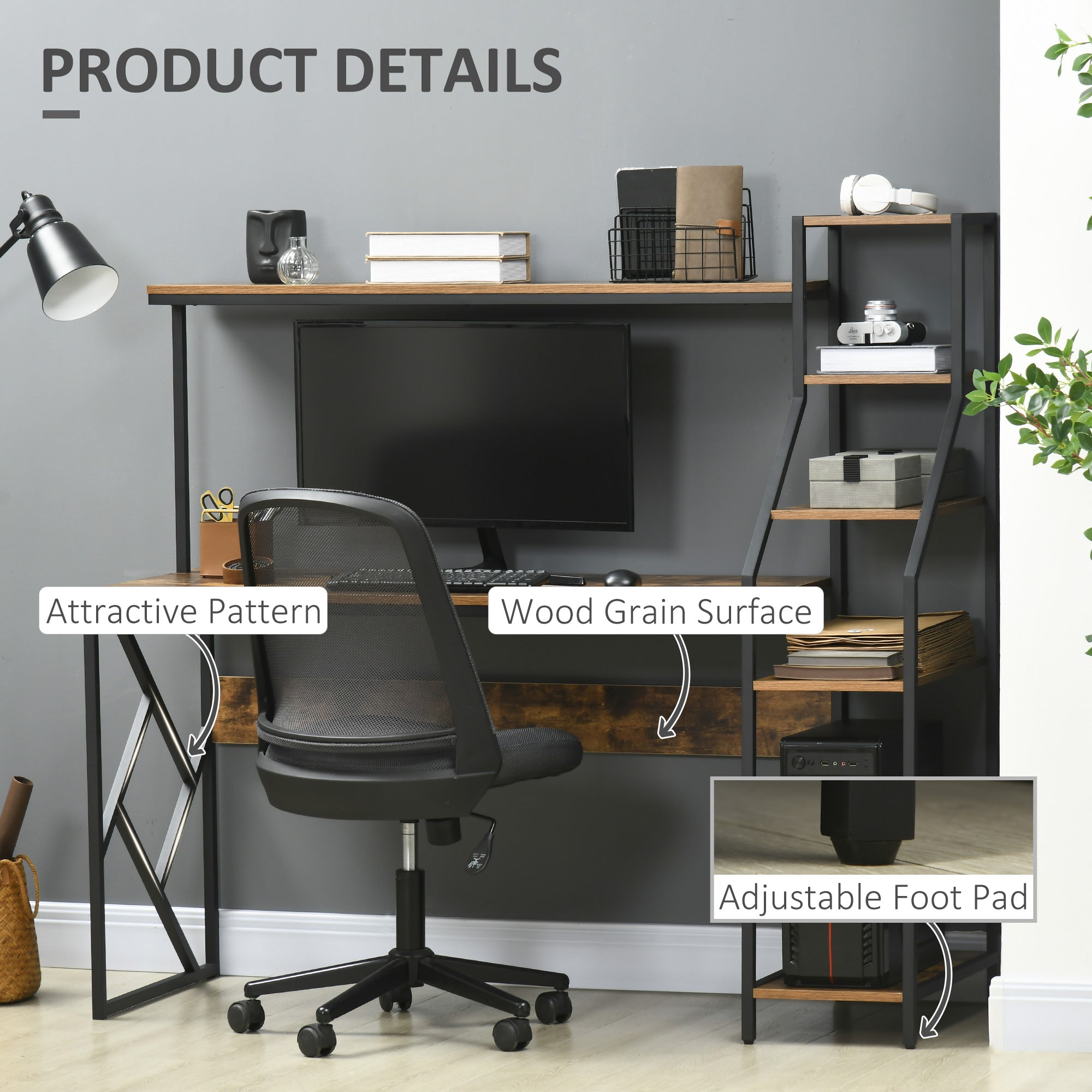 HOMCOM Computer Desk with Bookshelf, Industrial Writing Table with 6 Tier Storage Shelves for Home Office, Bedroom, Study, 150 x 55 x 138cm, Rustic Brown 