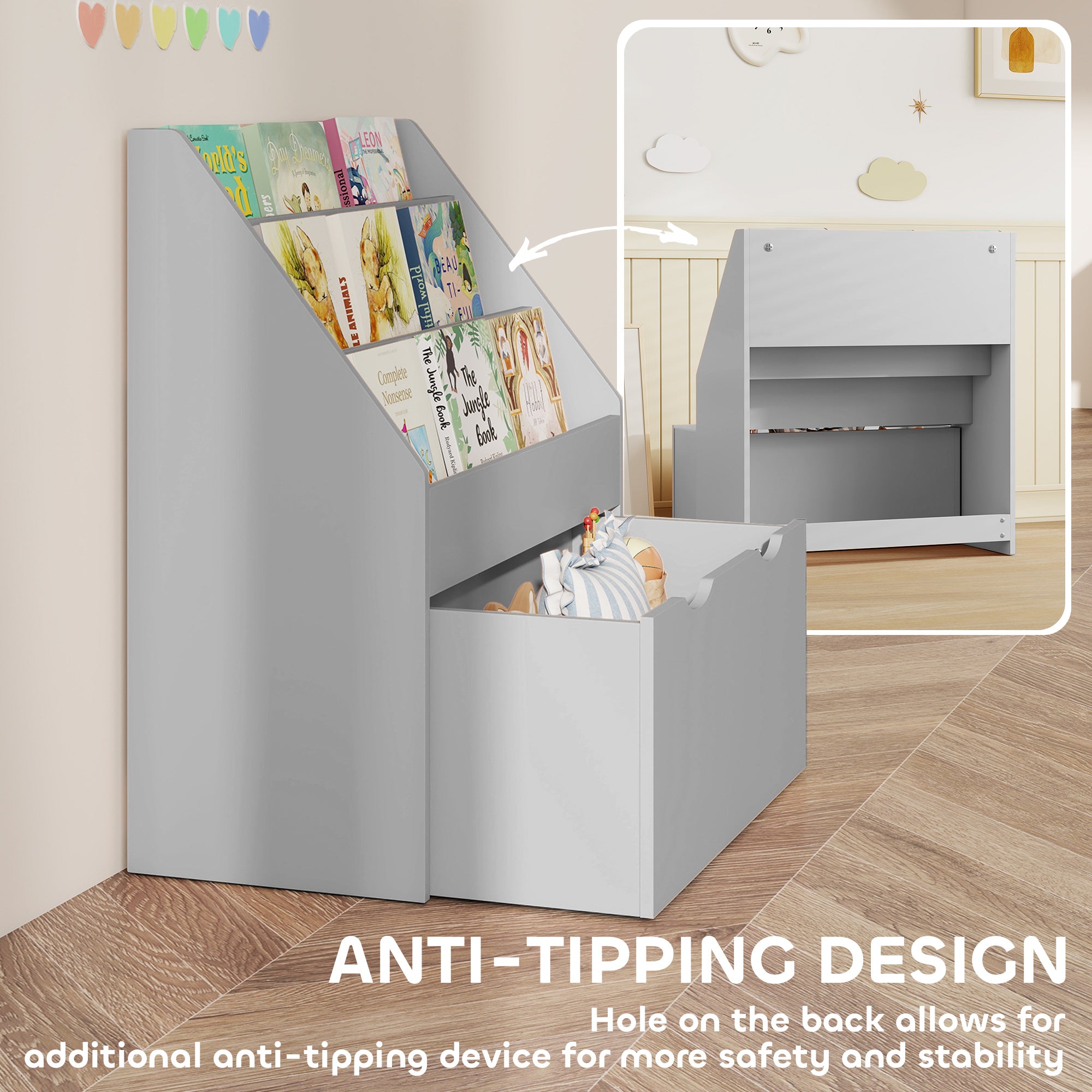 AIYAPLAY Bookcase for Kids with Shelves, Drawer, Bookcase for Bedroom, Playroom, Grey 