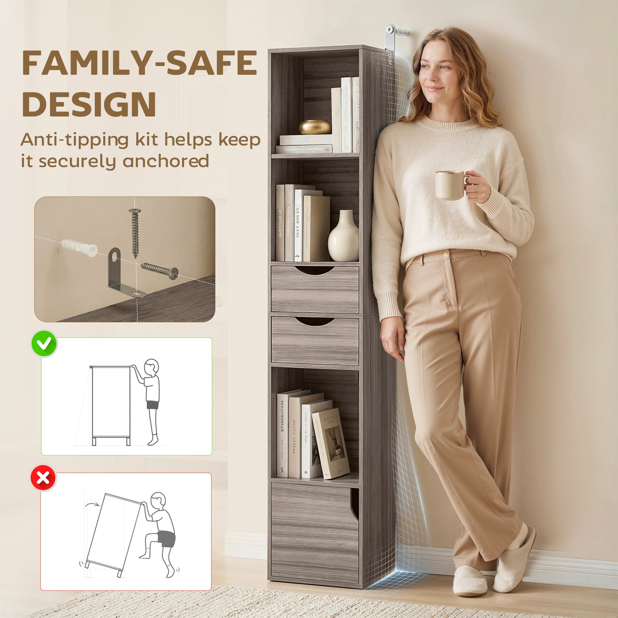 HOMCOM Bookcase with Drawers Adjustable Shelf Bookshelf with 2 Drawers and Cabinet 158 cm Grey 