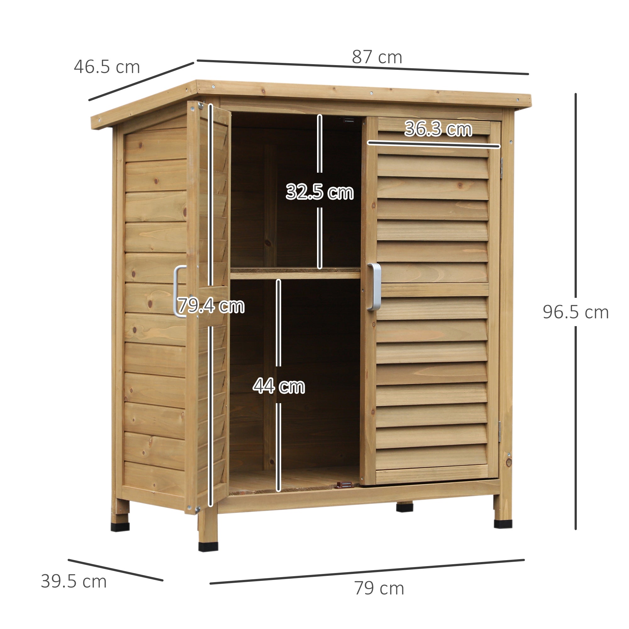 Outsunny Garden Shed Wooden Garden Storage Shed 2 Door Unit Solid Fir Wood Garage Tool Organisation Cabinet, 87L x 46.5W x 96.5Hcm, Natural 