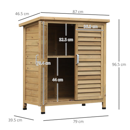 Outsunny Garden Shed Wooden Garden Storage Shed 2 Door Unit Solid Fir Wood Garage Tool Organisation Cabinet, 87L x 46.5W x 96.5Hcm, Natural 