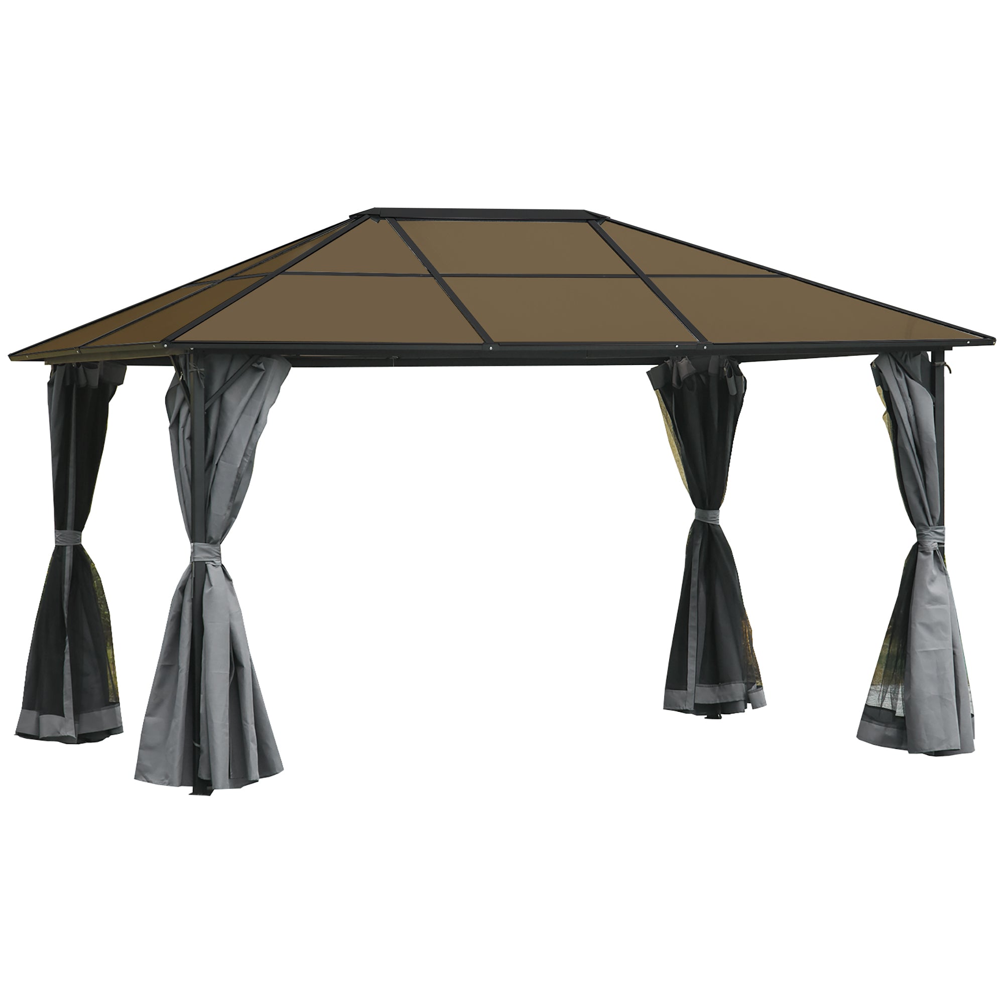 Outsunny 3 x 4m Hardtop Gazebo Canopy with Polycarbonate Roof, Aluminium Frame, Permanent Pavilion Garden Gazebo with Netting and Curtains - Grey 