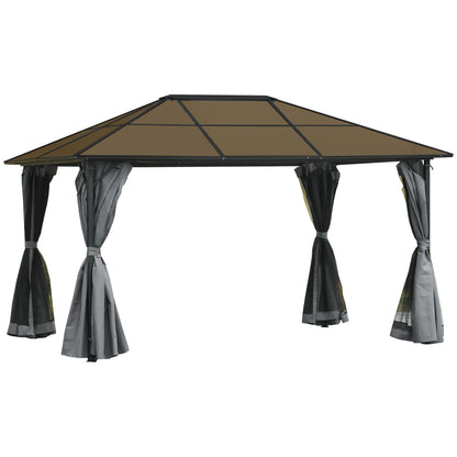 Outsunny 3 x 4m Hardtop Gazebo Canopy with Polycarbonate Roof, Aluminium Frame, Permanent Pavilion Garden Gazebo with Netting and Curtains - Grey 
