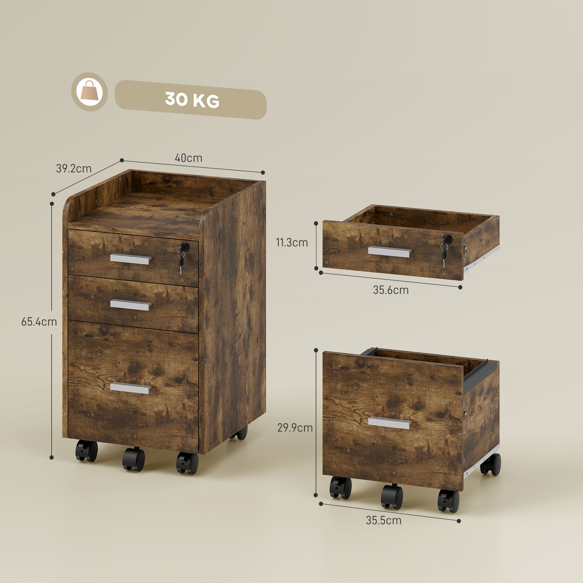 HOMCOM 3 Drawer Filing Cabinet with Lock, Rolling File Cabinet with Edged Top for Letter, A4 Size, Hanging File Folders 