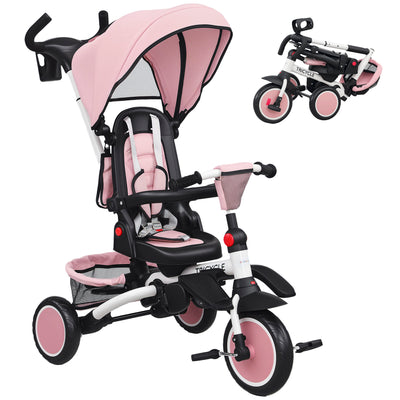 AIYAPLAY 6 in 1 Foldable Kids Trike with Adjustable Parent Handle & Canopy for Ages 1-5, Pink 