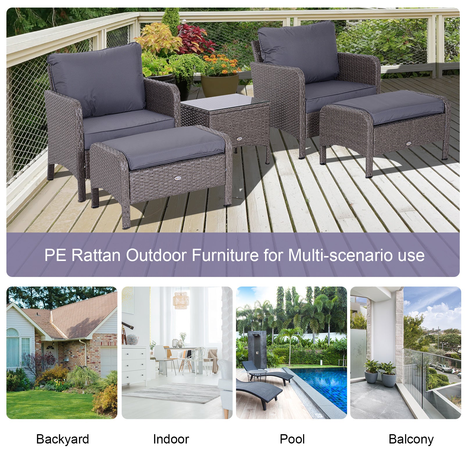 Outsunny 2-Seater Rattan Furniture Set, Steel Frame-Grey 