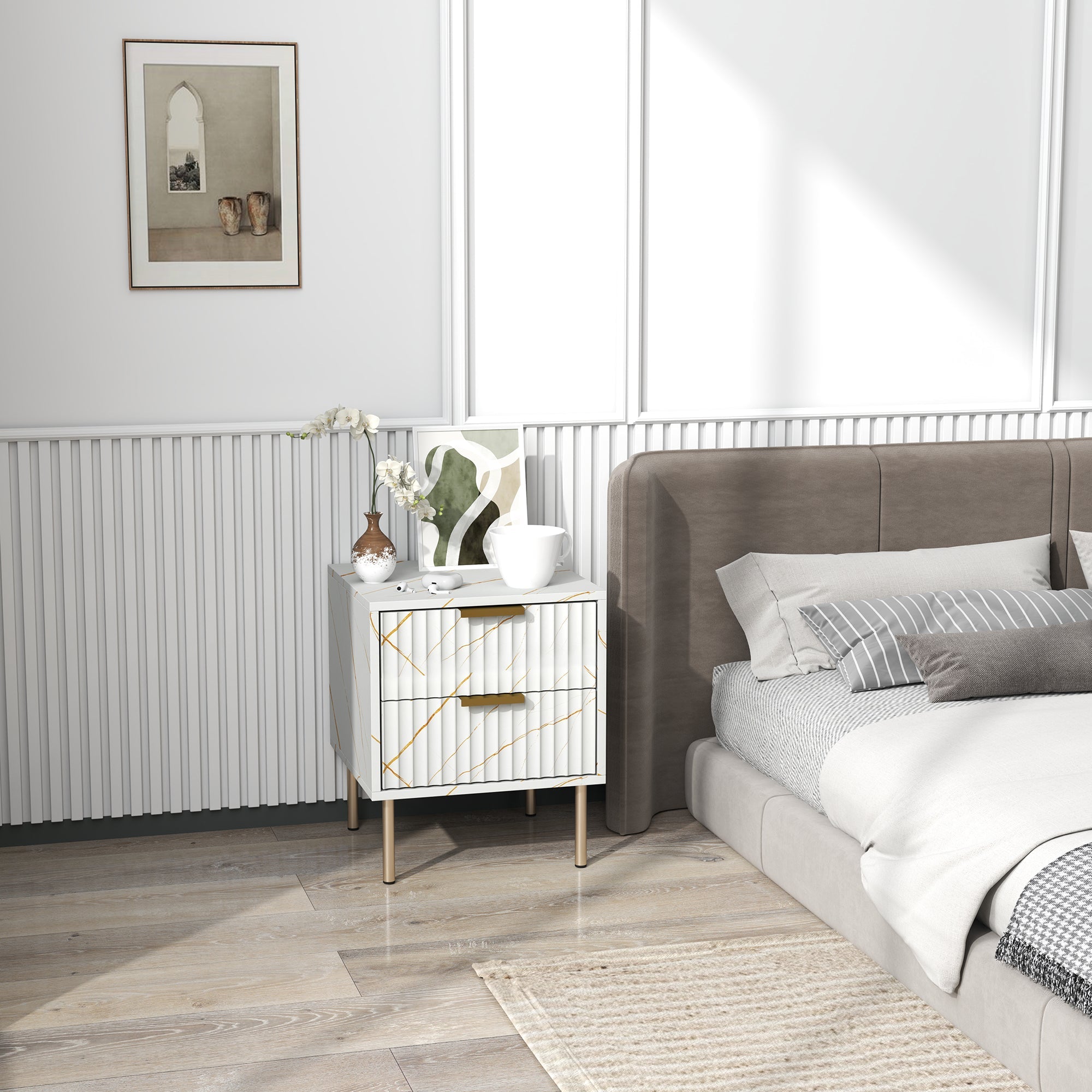 HOMCOM Elegant Two-Drawer Bedside Table - White 