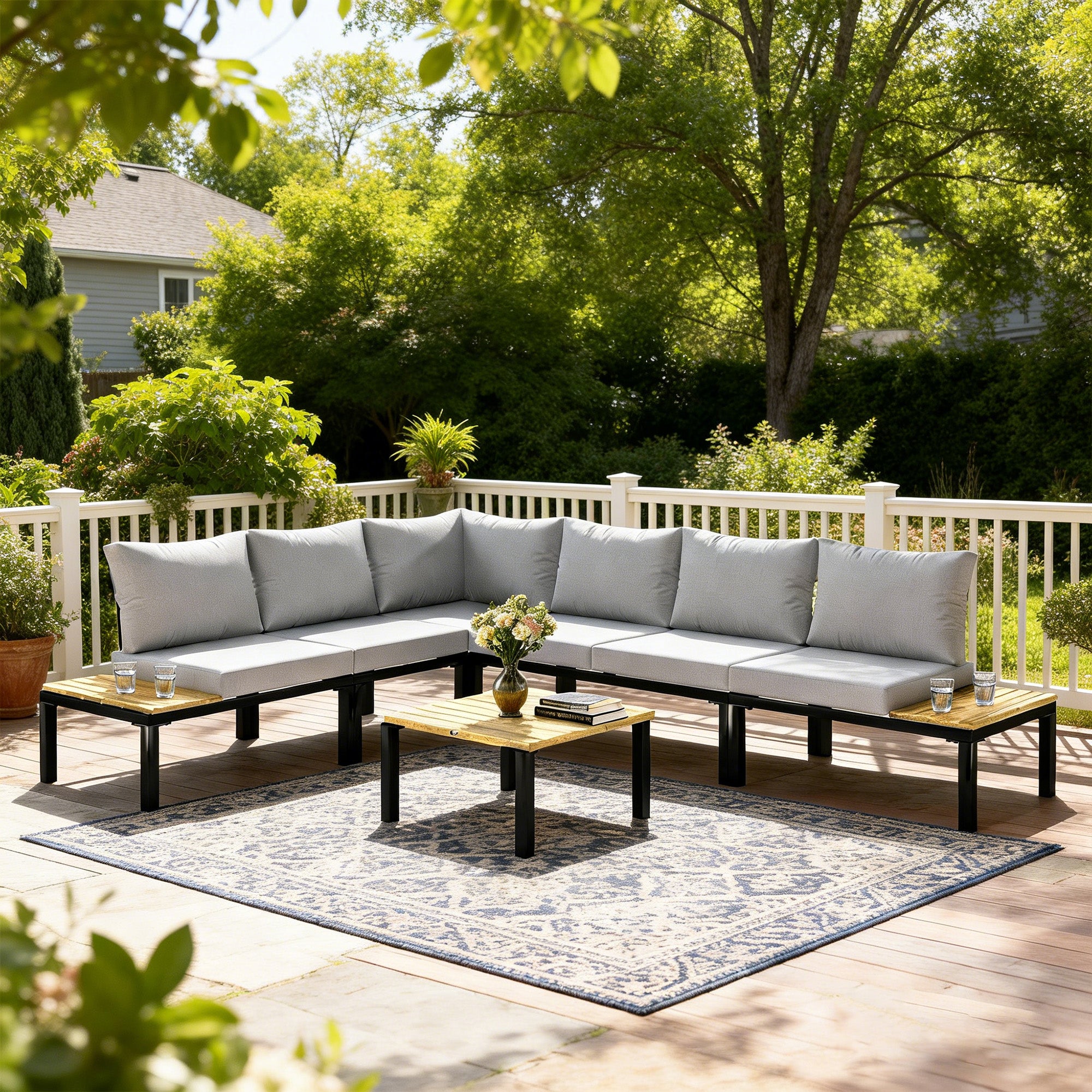 Outsunny Garden Furniture Set, 6 Piece Corner Sofa Set with Loveseat, Coffee Table, Sofa with Integrated Side Table 