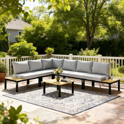 Outsunny Garden Furniture Set, 6 Piece Corner Sofa Set with Loveseat, Coffee Table, Sofa with Integrated Side Table 