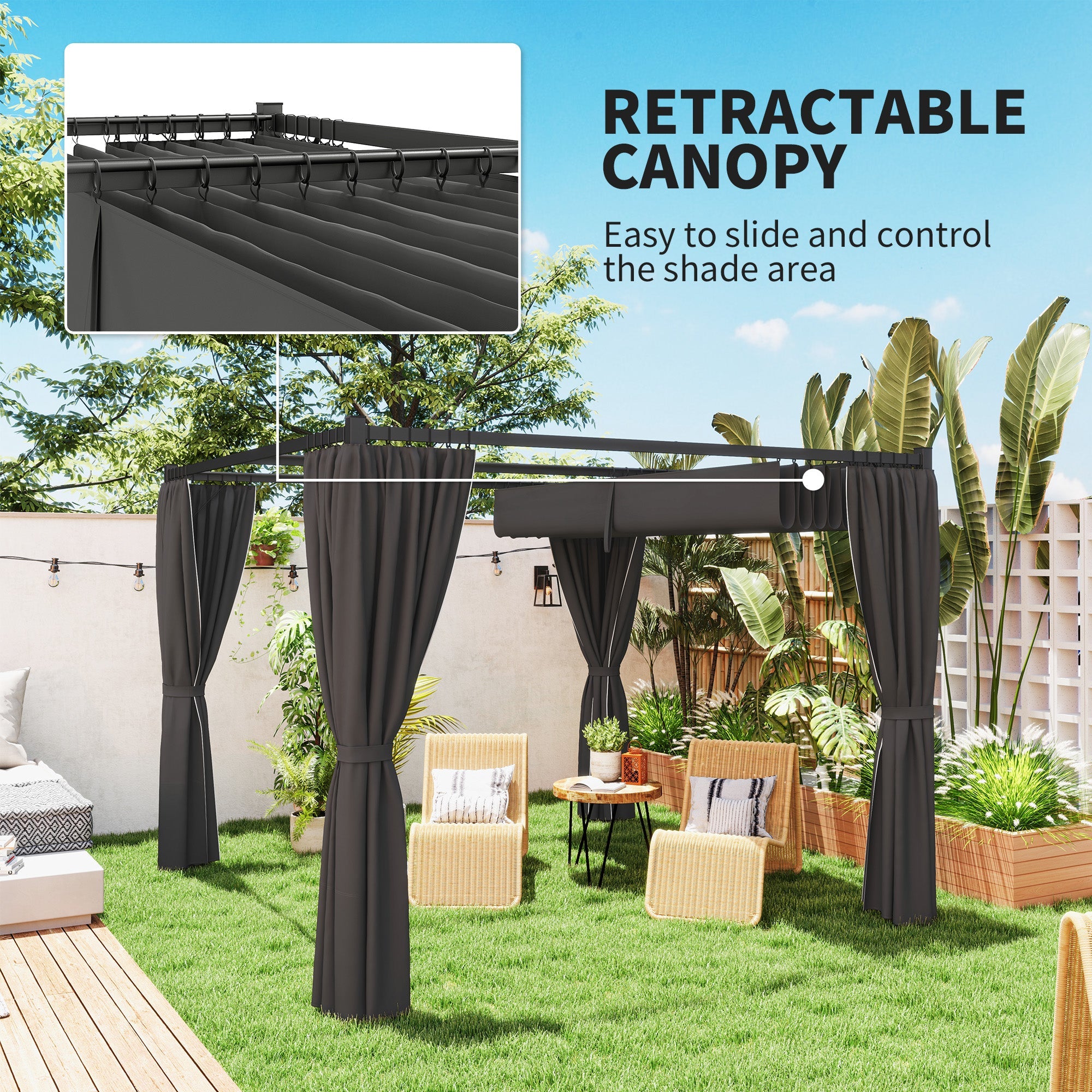 Outsunny 3 x 3(m) Retractable Pergola, Garden Gazebo Shelter with Curtains, for Grill, Patio, Deck, Charcoal Grey 