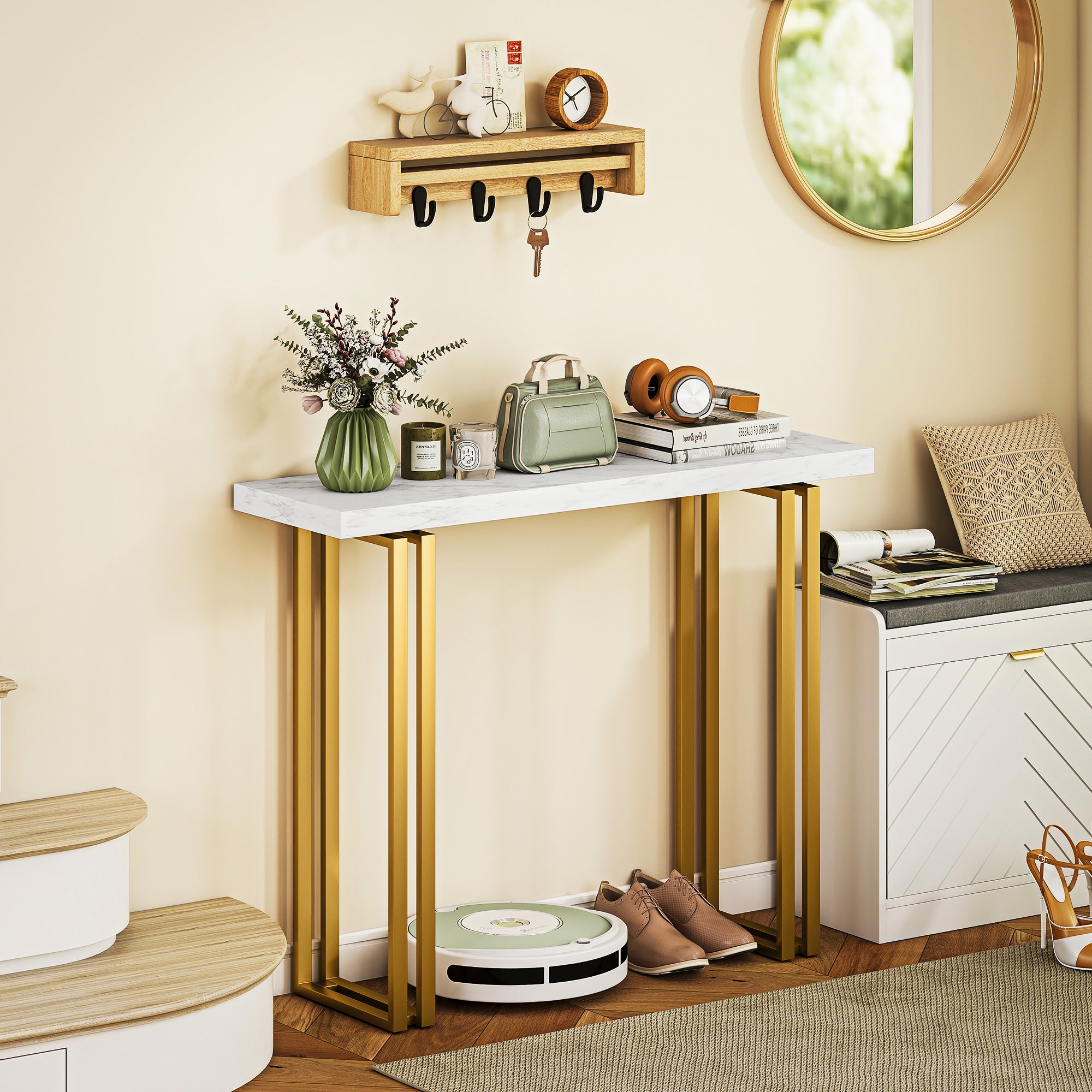 HOMCOM 100 cm Console Table with Faux Marble Top, Narrow Entryway Table with Anti-tipping Device, White 