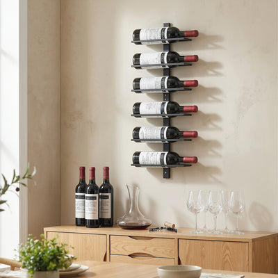 HOMCOM Wall Mounted Wine Rack, 6 Tier Metal Wine Display Rack, Storage Holder for Kitchen, Black 