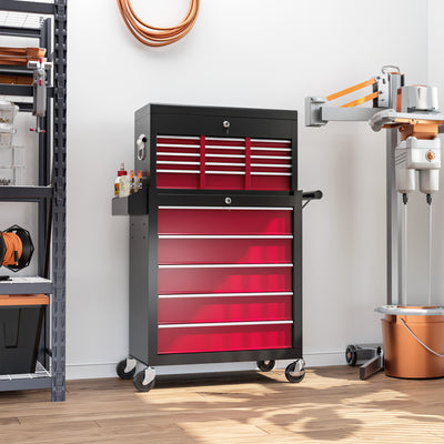 HOMCOM 19 Drawer, Two-Part Tool Storage Chest on Wheels - Red 