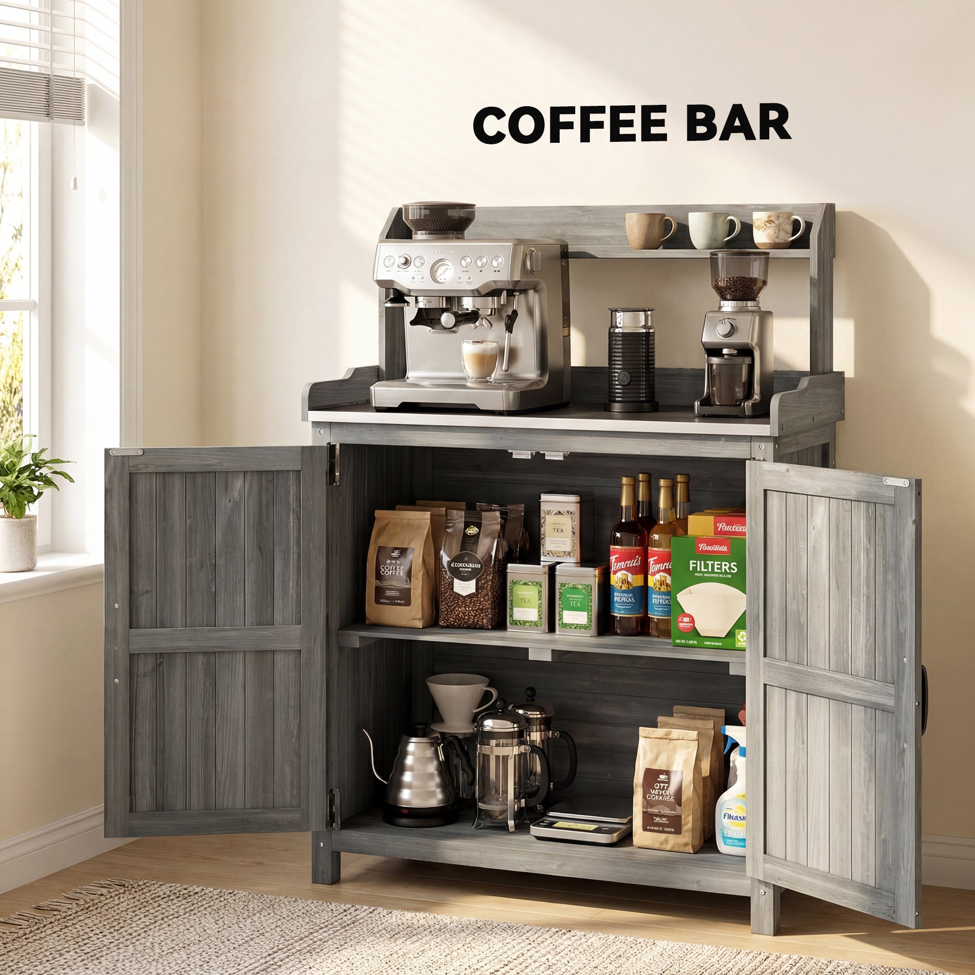 Outsunny Wooden Potting Bench Table with Aluminium Worktop, Outdoor Garden Workbench with Top Shelf and Cabinet Storage 