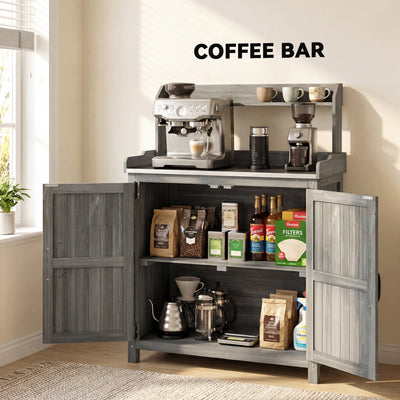 Outsunny Wooden Potting Bench Table with Aluminium Worktop, Outdoor Garden Workbench with Top Shelf and Cabinet Storage 
