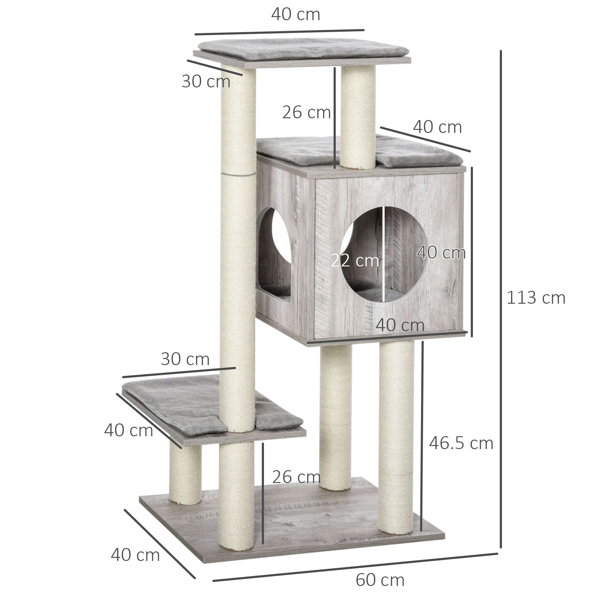 PawHut Cat Tree for Indoor Large Cats 113cm Kitten Tower Condo Jute Scratching Post Kitten Play House Activity Center Furniture 
