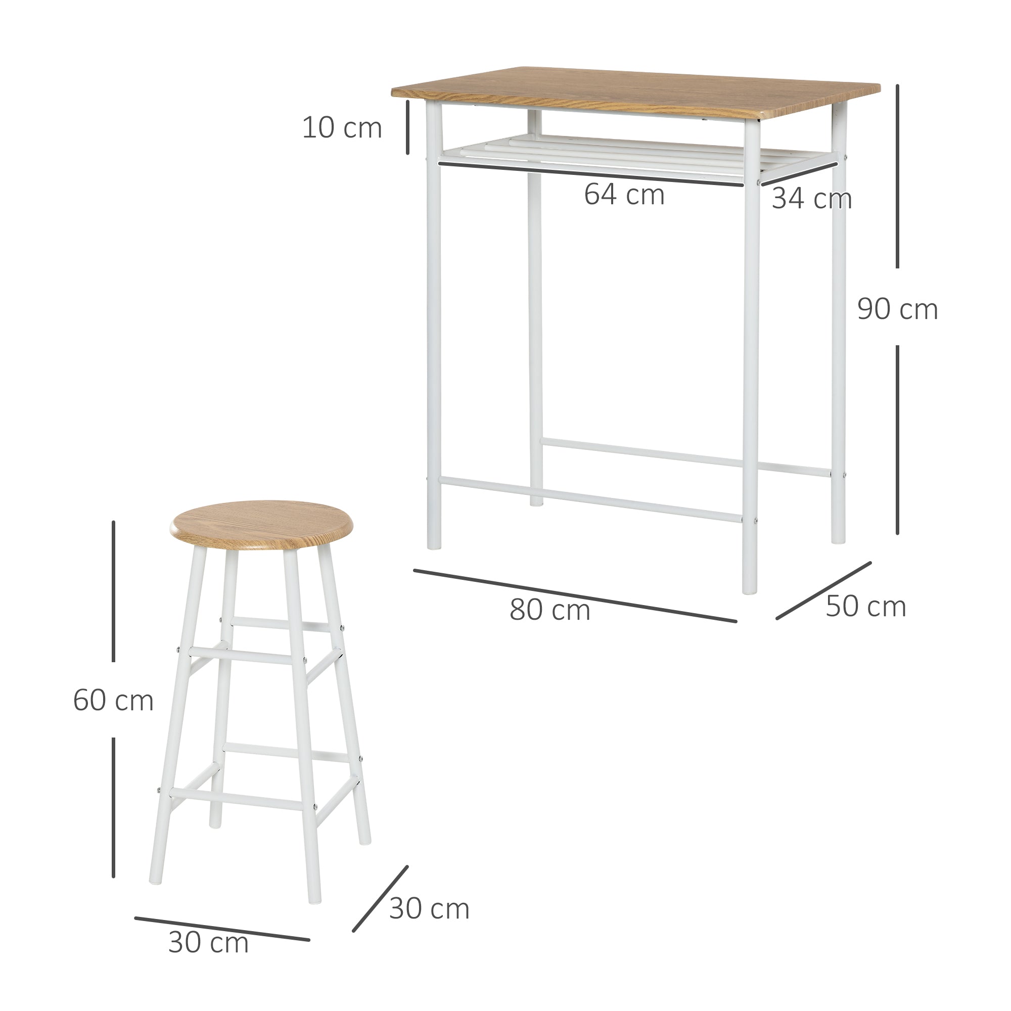 HOMCOM Bar Table Set, Bar Table and Stools Set, Footrest and Storage Shelf, for Kitchen, Dining Room, Pub, Cafe, White and Oak 