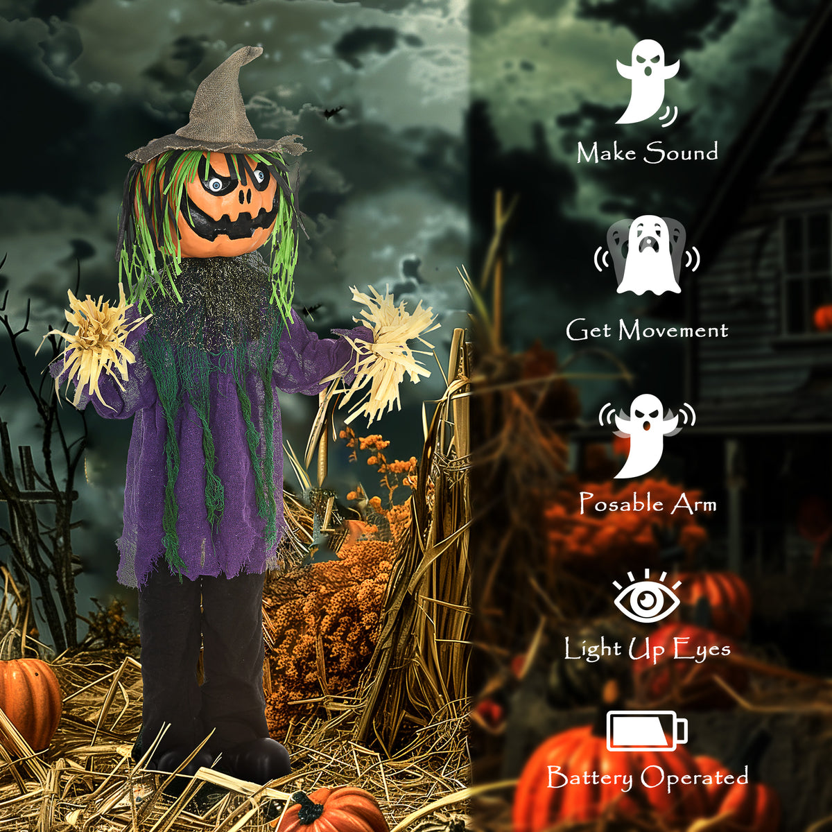 HOMCOM 3'6" Pumpkin Scarecrow Halloween Animatronic, with Glowing Eyes 