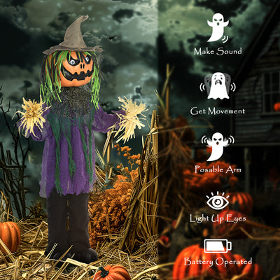 HOMCOM 3'6" Pumpkin Scarecrow Halloween Animatronic, with Glowing Eyes 